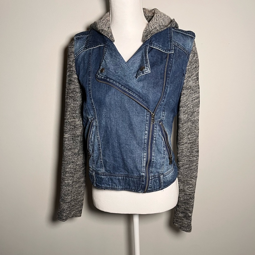 Sebby Denim Mixed Media Moto Jacket Grey Knit Hooded Sleeves Blue S47123 Women M